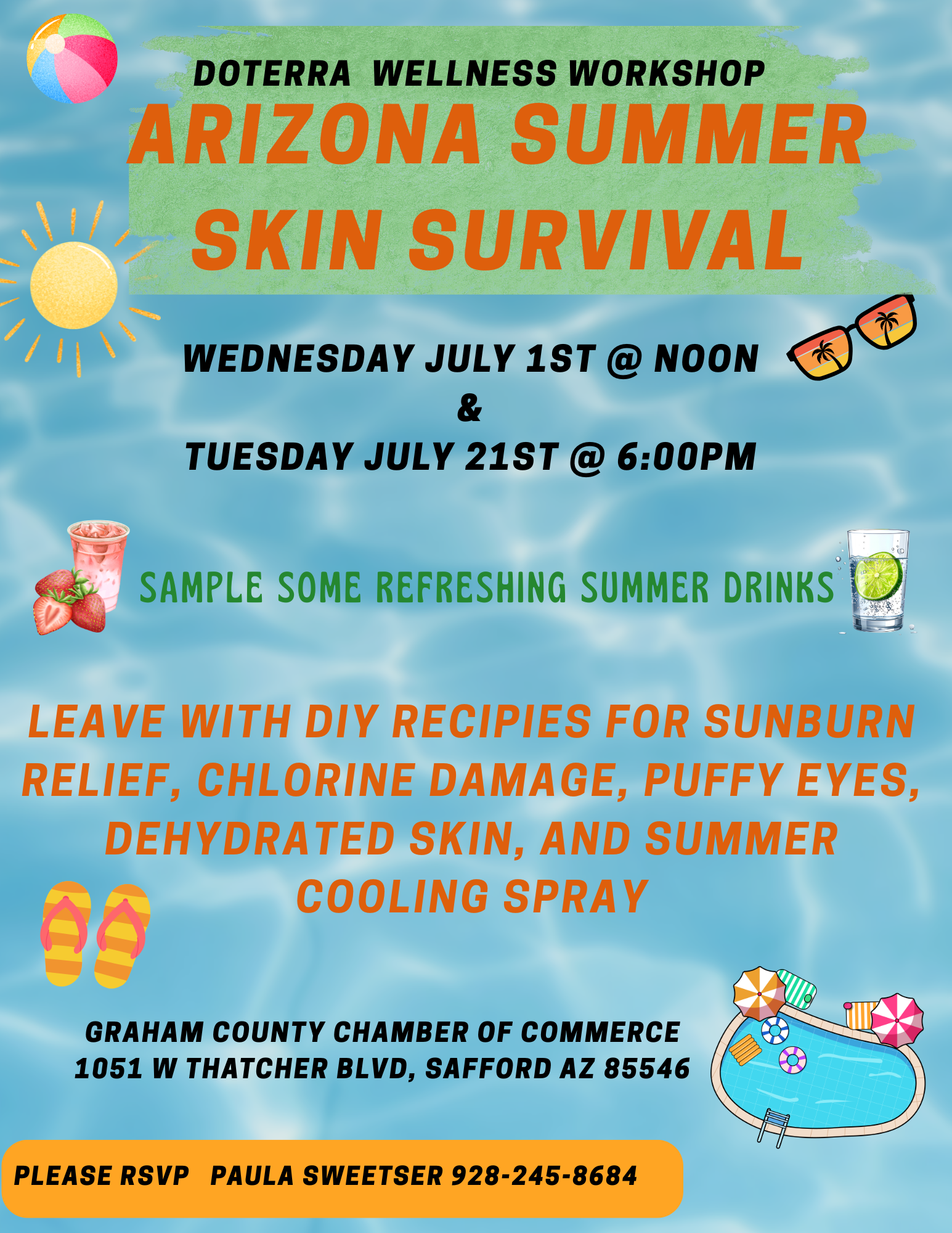 DoTERRA WELLNESS WORKSHOP – DoTERRA WELLNESS WORKSHOP Presents Arizona Summer Skin Survival Workshop on July 1st and July 21st – Refresh Your Skin with DIY Remedies for Sunburn, Chlorine Damage, Puffy Eyes, and More